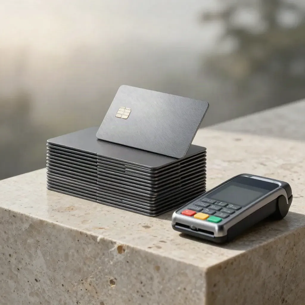 Graphite debit cards, metal sleeve, and contactless reader on pale stone in soft studio light