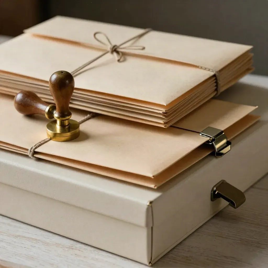 Receipt envelopes, brass date stamp, and file corners on pale wood in soft archive light.