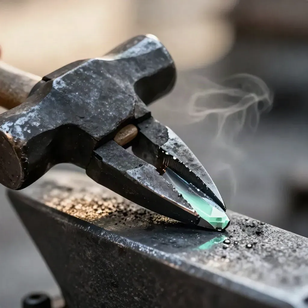 Extreme macro of tongs gripping a cooled steel offcut beside a charred hammer head on brushed metal.