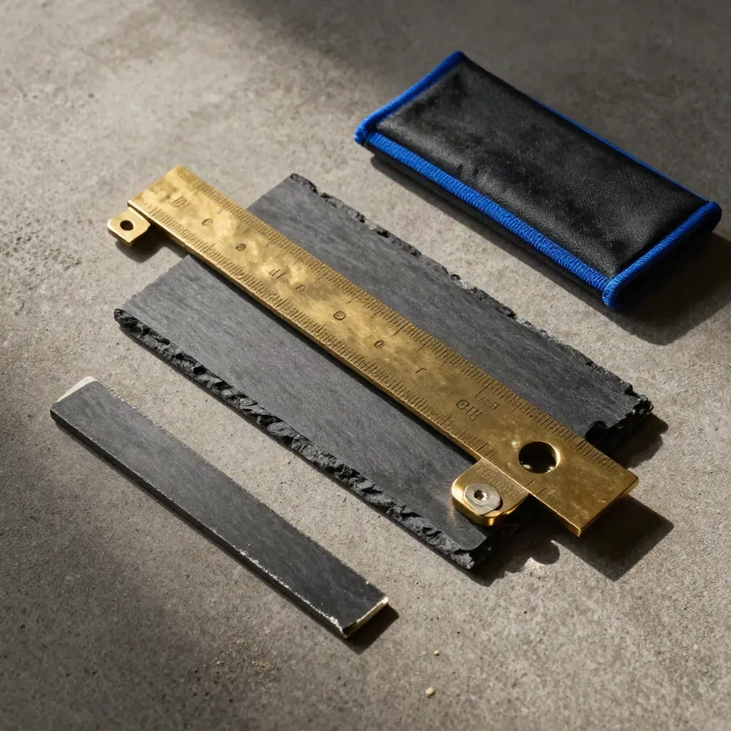 Brass bevel gauge, slate offcuts, and pencil case on concrete with blue accent