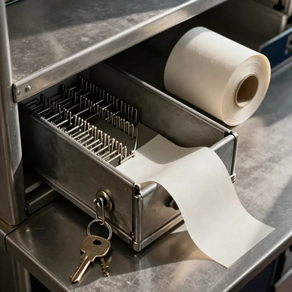 Top-down cash drawer insert, security key and till paper roll on brushed aluminium.