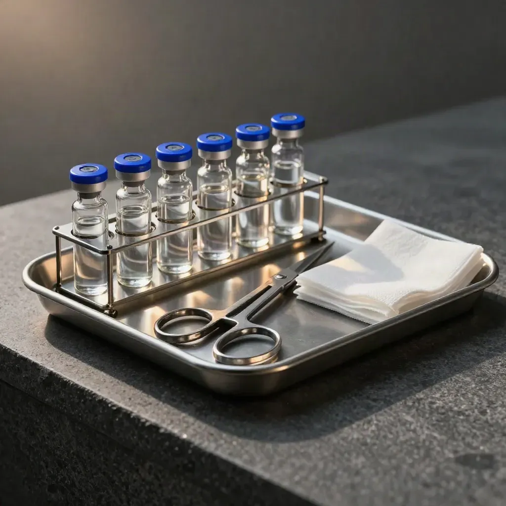 Clinic tray with ampoules and bandage scissors on cool stone under hard studio light.