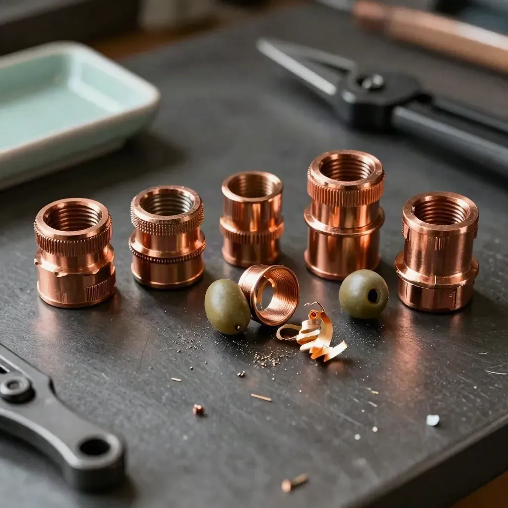 Copper pipe fittings, olives, and a pipe cutter on a graphite metal workbench with mint accent