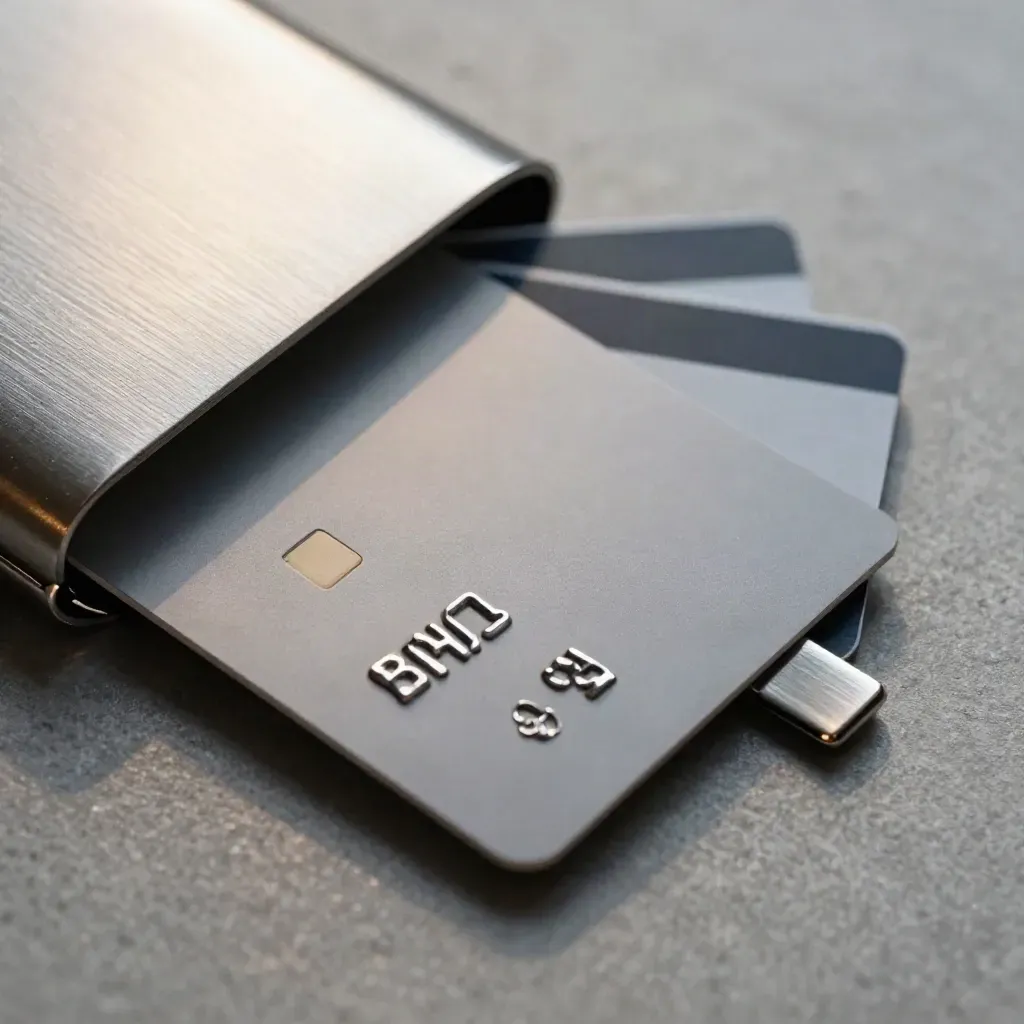 Macro of a matte debit card sliding from a brushed-metal sleeve with two spare cards behind it.