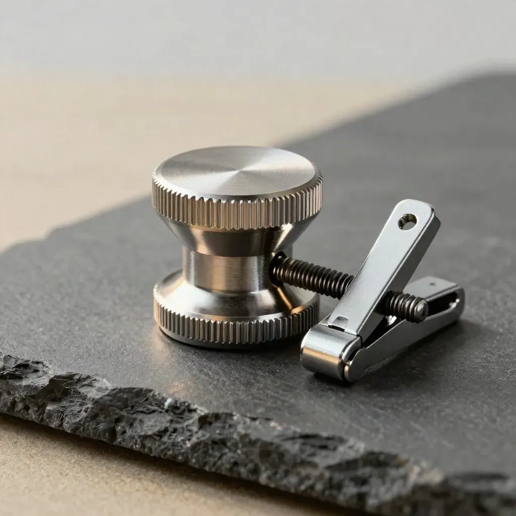 Machined selector knob and card clamp on graphite stone under dramatic studio light.