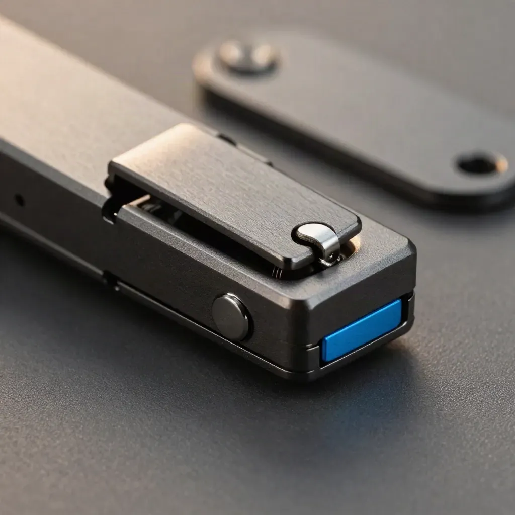 Macro of a locked card-holder latch with a blue safety tab on graphite metal.