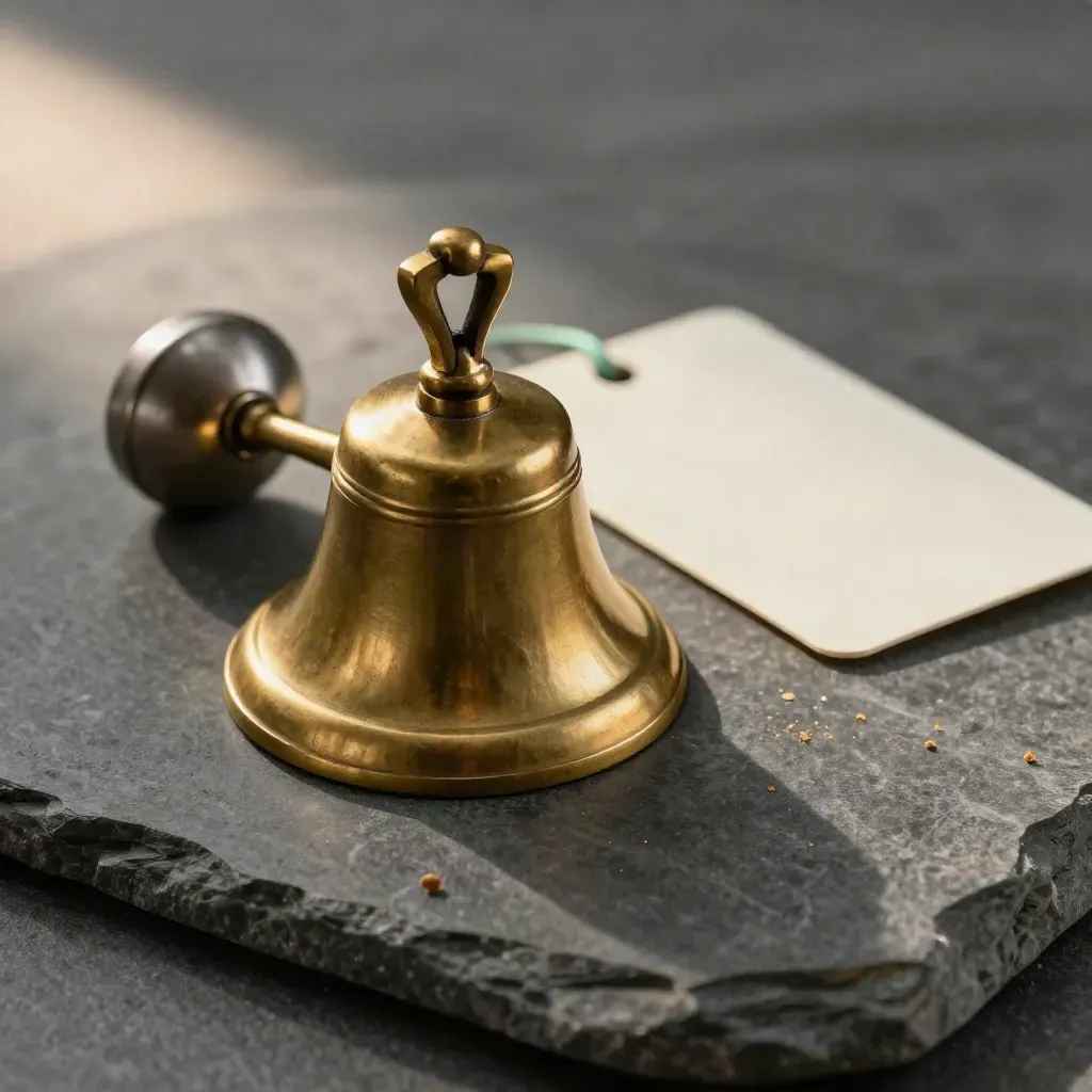 Brass service bell, metal token, and ivory card on stone in soft daylight.