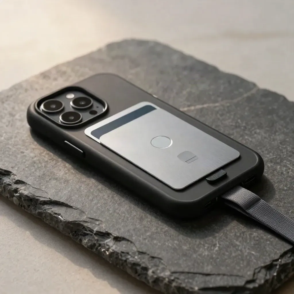 Macro of a phone case with a contactless card sliding into its pocket on a stone surface.