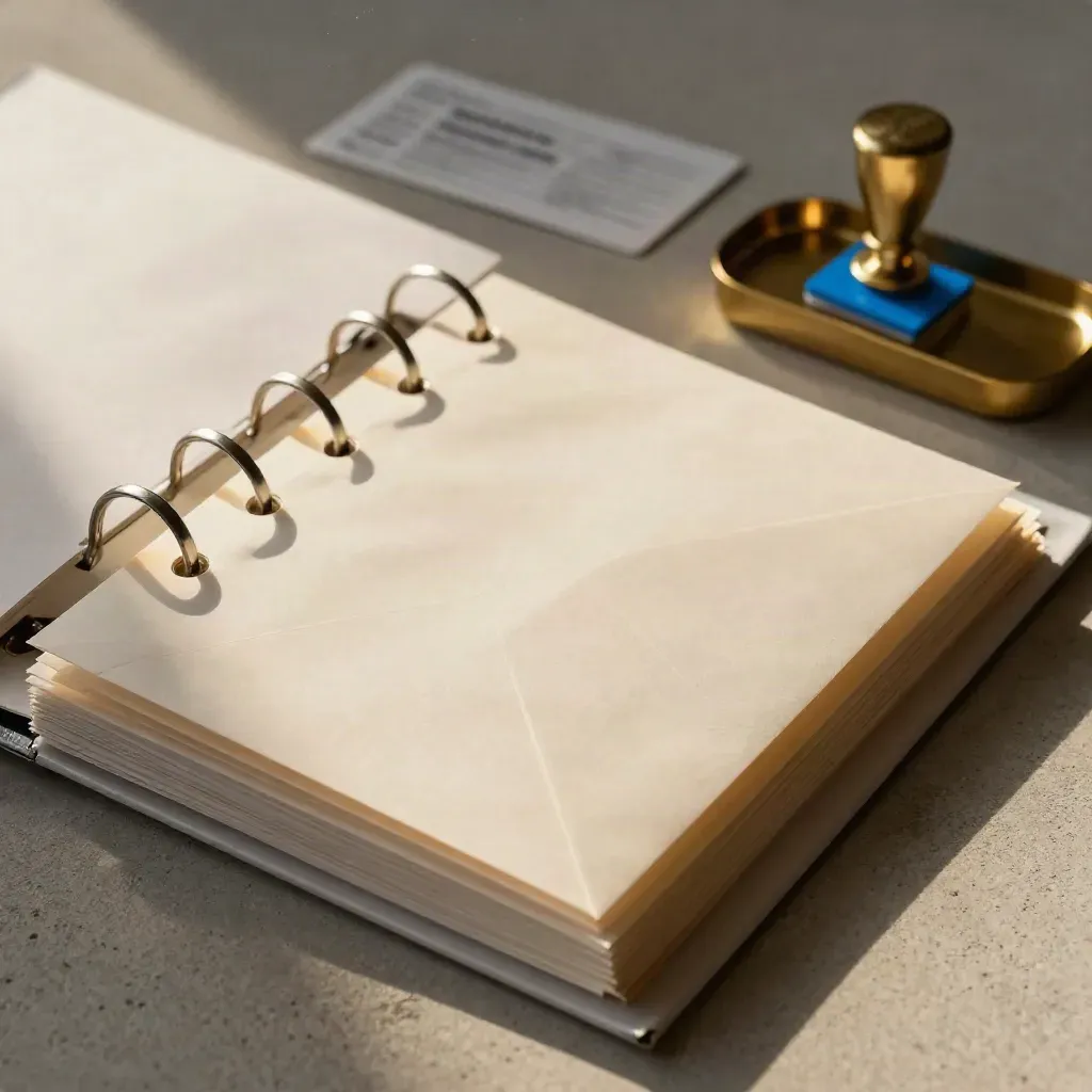 Overhead still life of receipt envelopes, binder spine, and brass stamp tray on pale concrete.