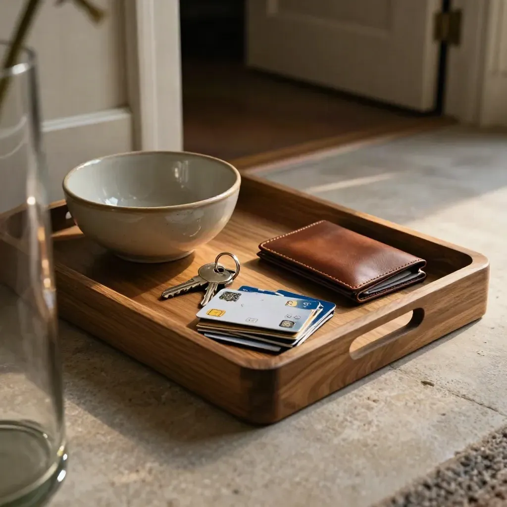 Hall tray with keys, card sleeve, spare cards and ceramic bowl by a doorway