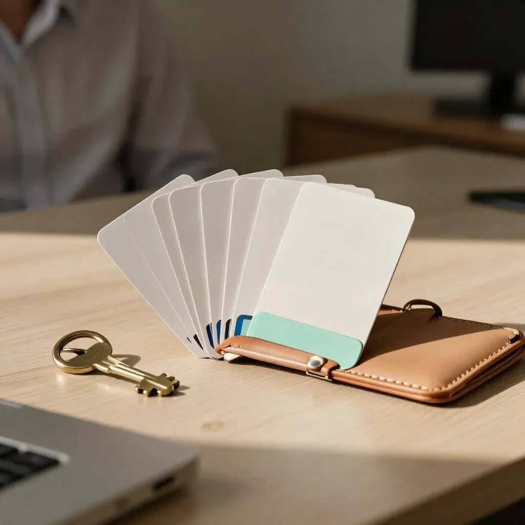 Fanned staff cards, key ring, and receipt case on pale wood with mint accent.