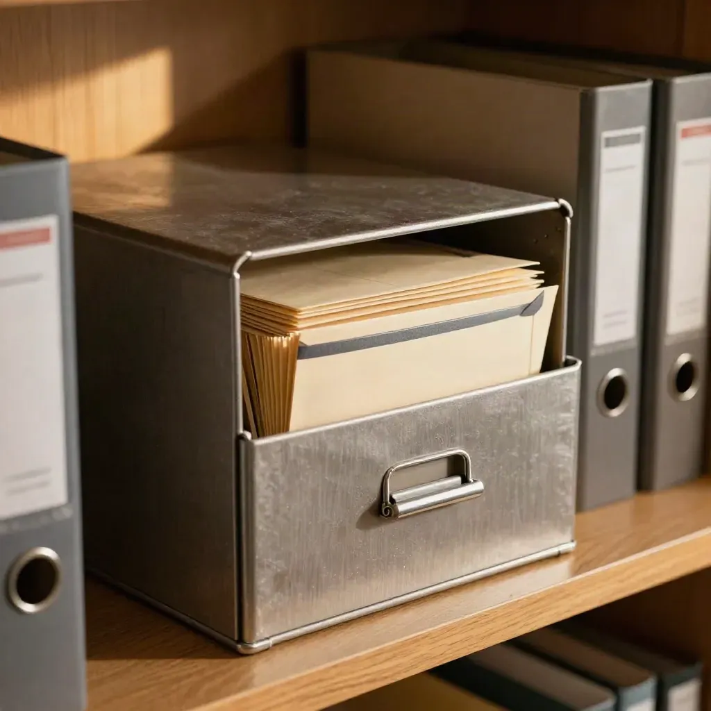 Archive box, date stamp and expense envelopes on an oak shelf in soft daylight.
