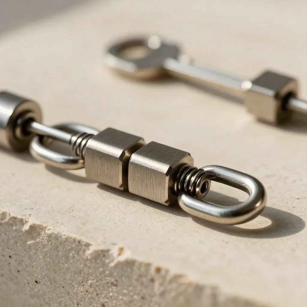 Brushed-steel rings and a modular connector on creamy limestone with graphite shadow.