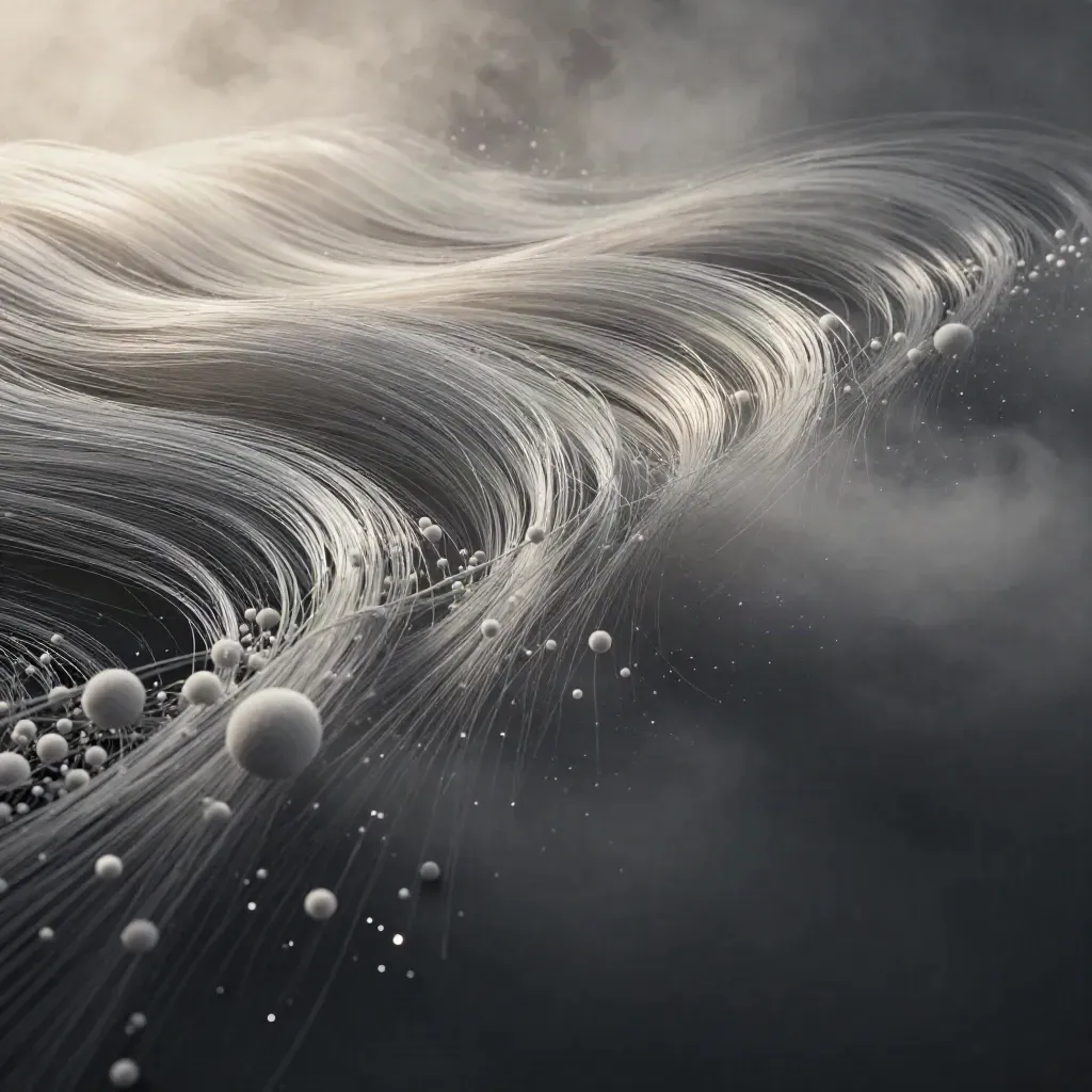 Silver filaments and white glow in graphite space, with open lower-third copy space.