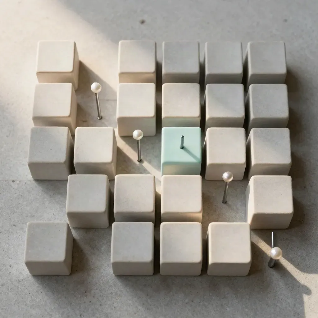 Top-down grid of pale modular cubes and mint alignment pins on brushed stone.
