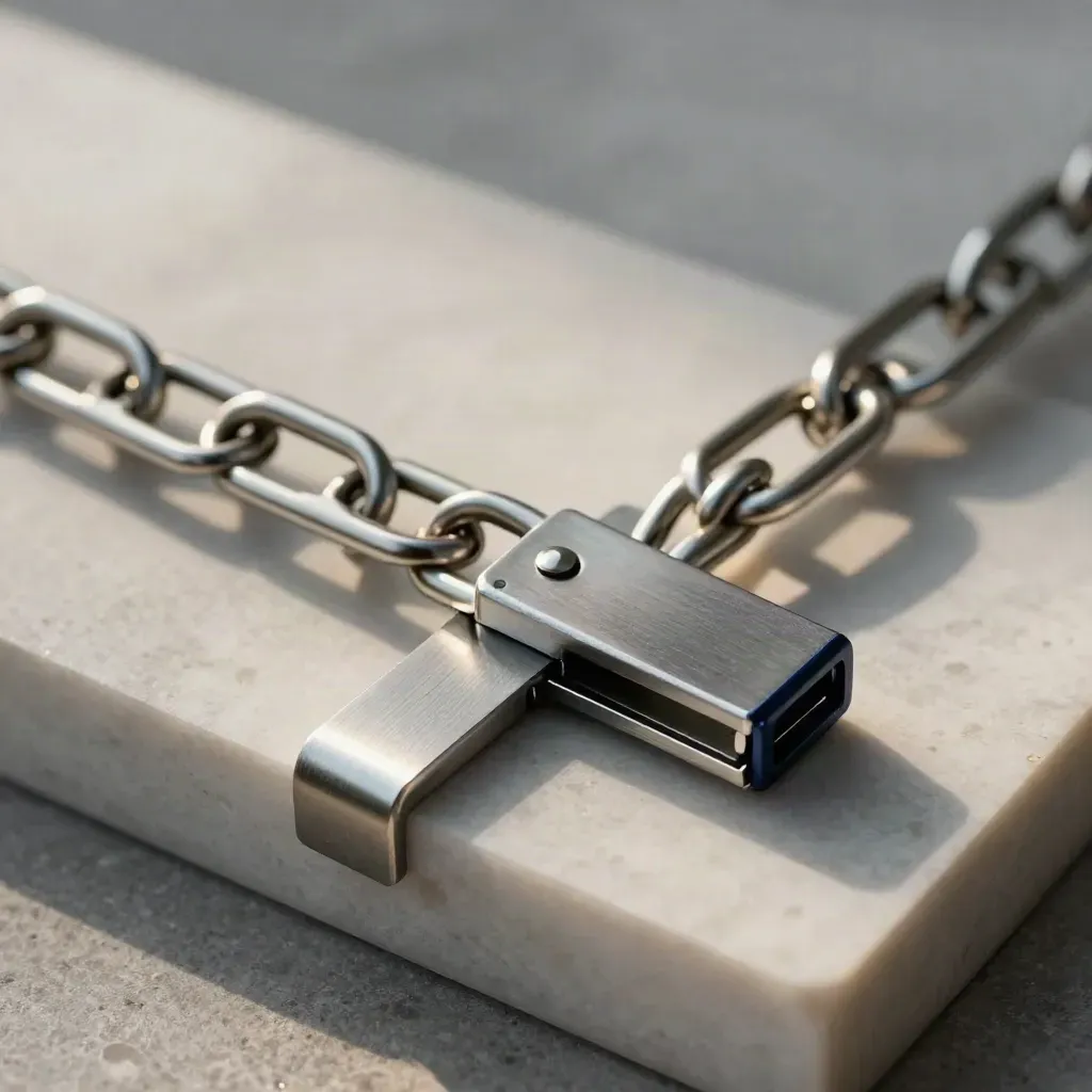 Interlocking metal clips and brackets on a pale plinth, finishing a precise chain in cool light.