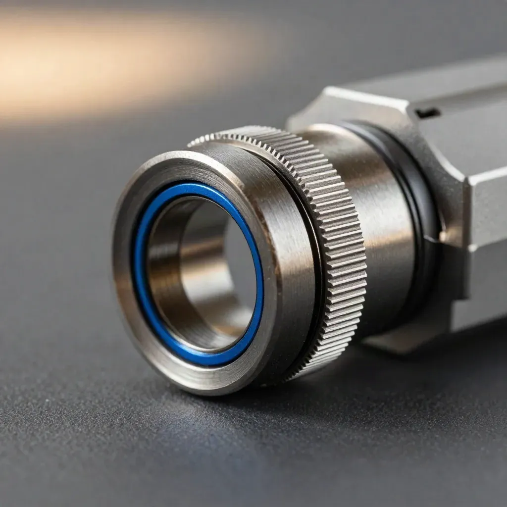 Macro of anodized connector rings locking together on a graphite surface with blue accent.